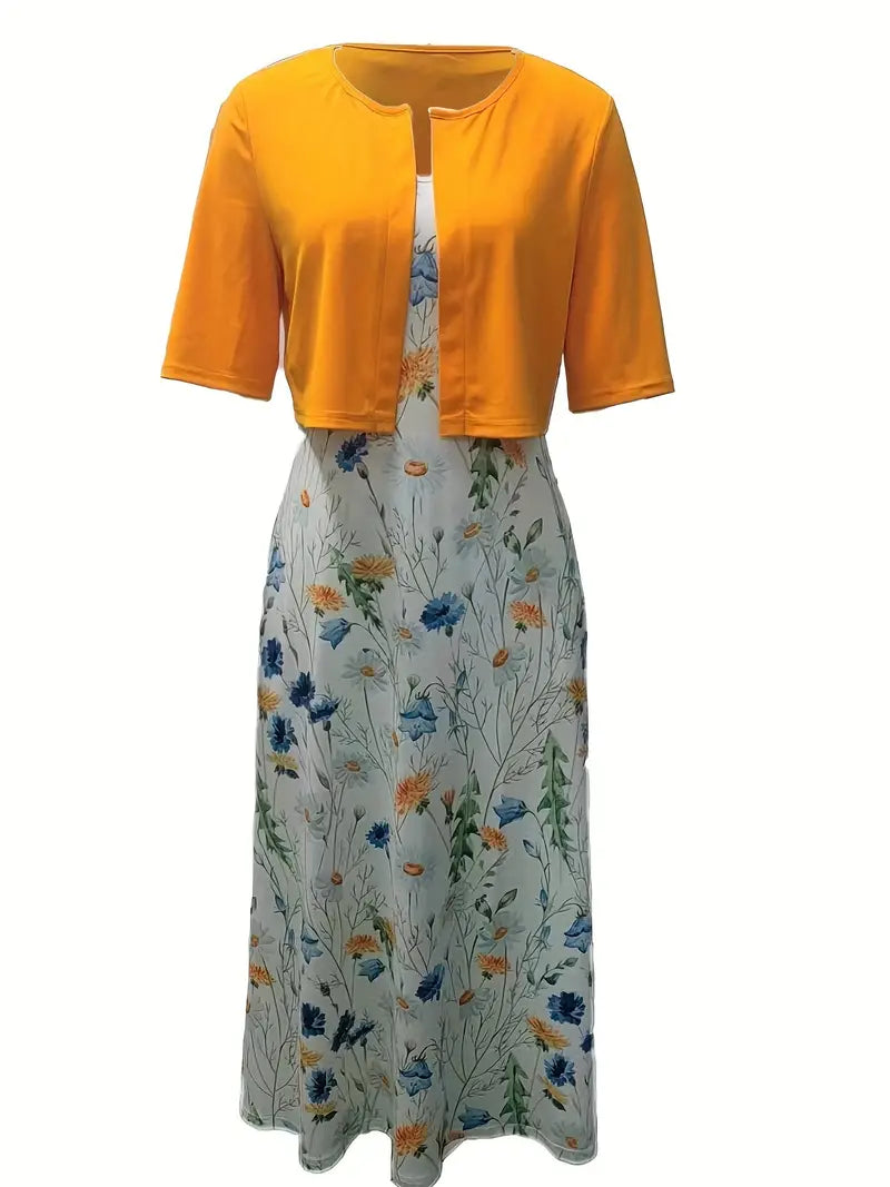 Floral Two-Piece Set with Crop Top and Round Neck Dress