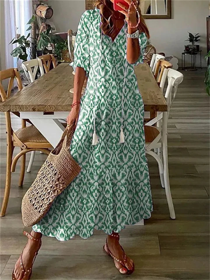 Floral V-Neck Maxi Dress with a Fluid Skirt for Women
