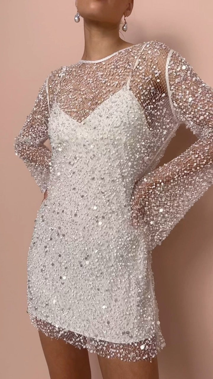Shimmering Mesh Midi Dress with Sheer Glitter Overlay