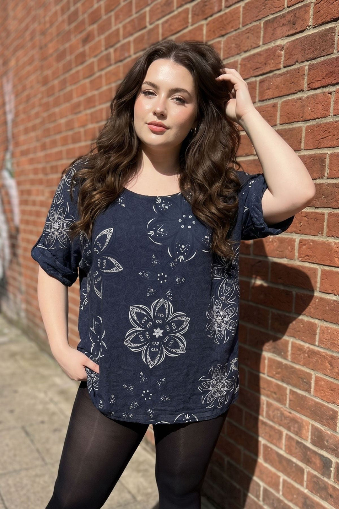 Abstract Floral Print Tunic Cotton Top for Women - Navy Blue
