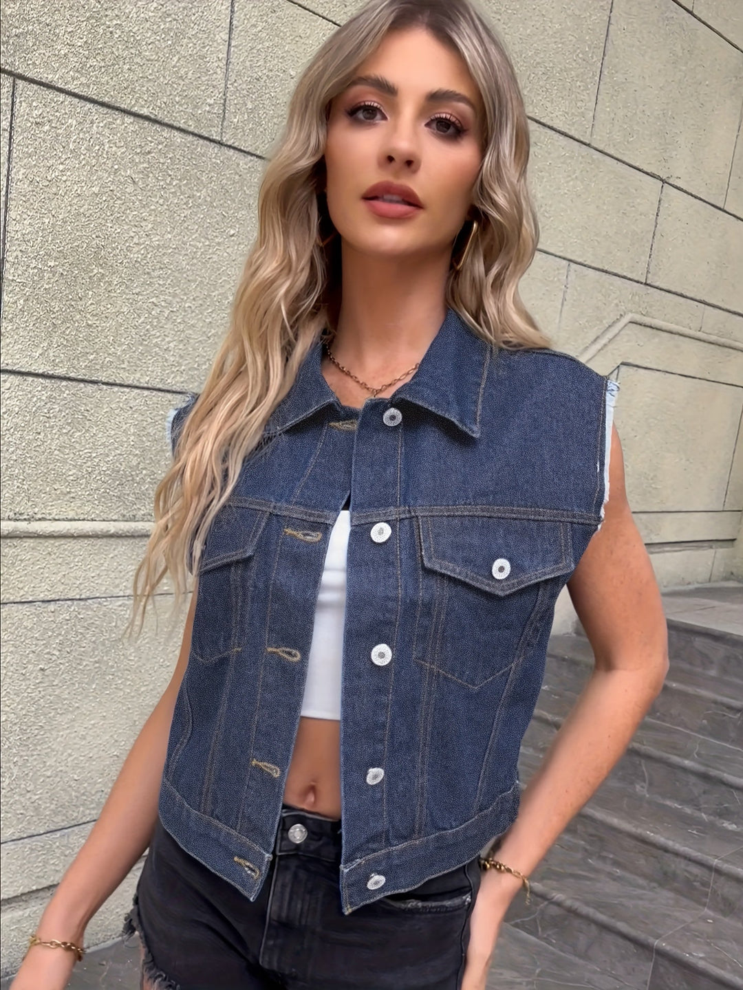 Sleeveless Denim Jacket with Flap Pockets
