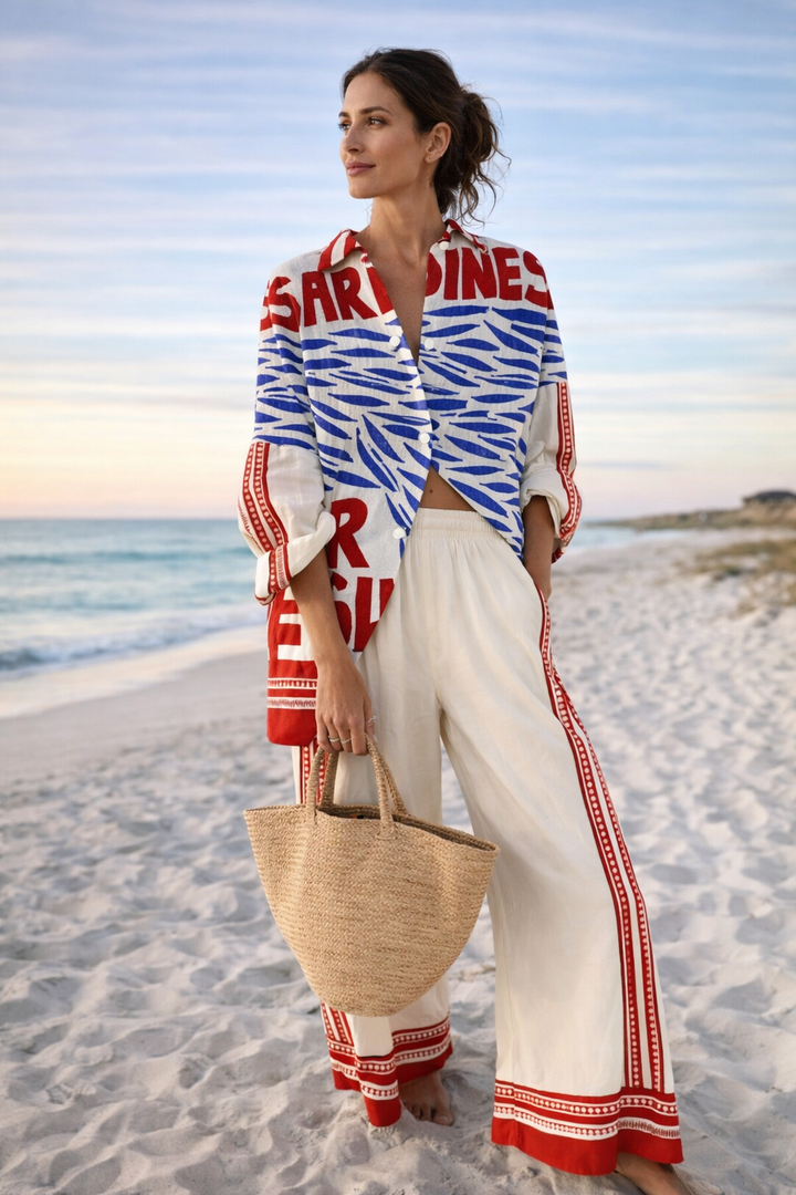 Summer Print Button-Up Shirt and Wide-Leg Trousers Set