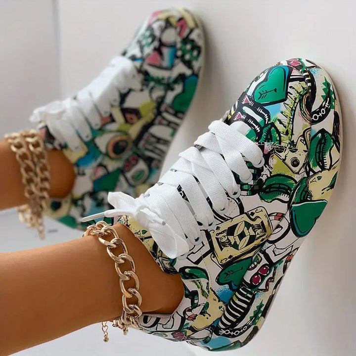 Graffiti-Print Layered Platform Trainers for Women