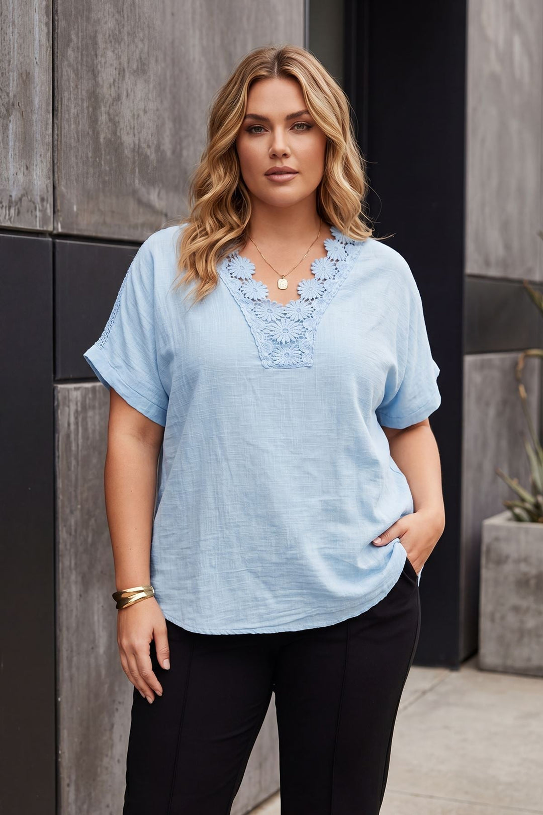 Floral Lace Trim Pattern Tunic Cotton Top — Sky Blue