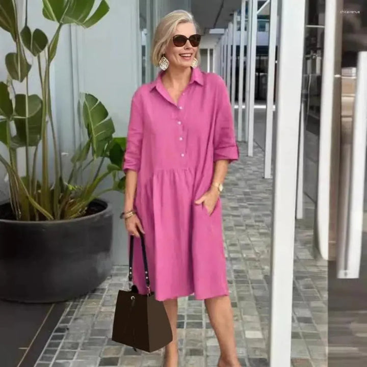 Cotton Midi Shirt Dress with Button Placket