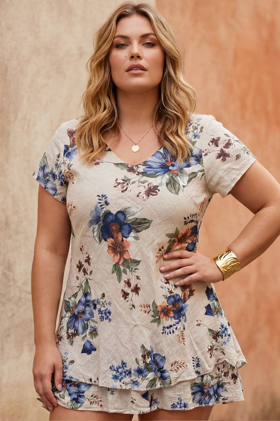 Flower Print Flared Hem Cotton Dress — Beige