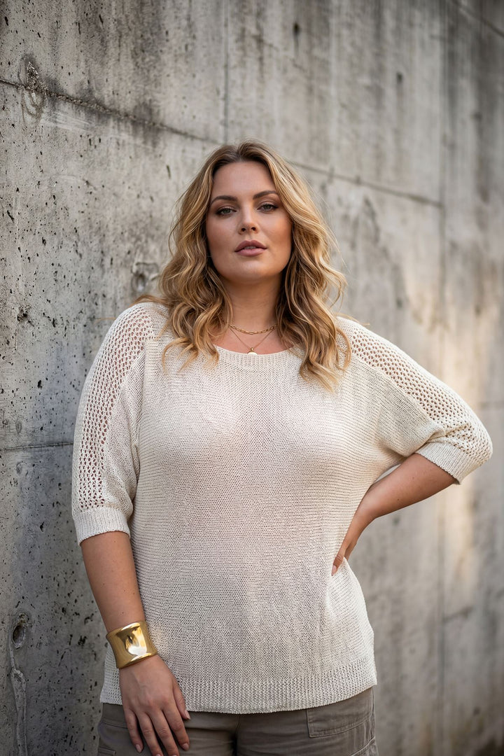 Plain Knitted Batwing Tunic Cotton Top — Beige