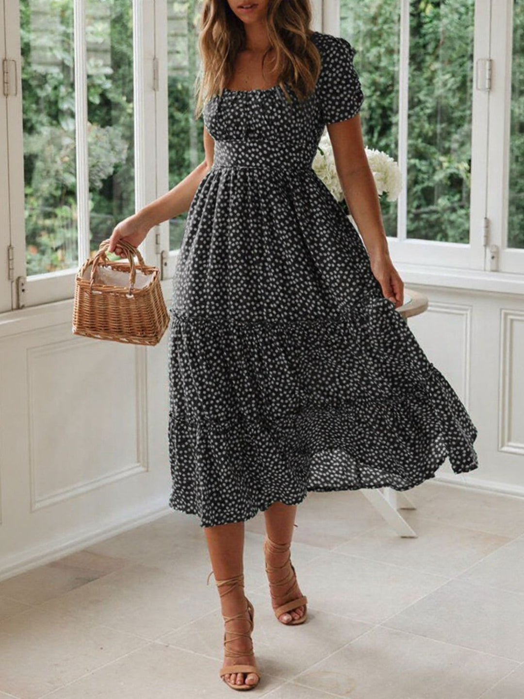 Printed Square Neck Short Sleeve Midi Dress for Women - Black