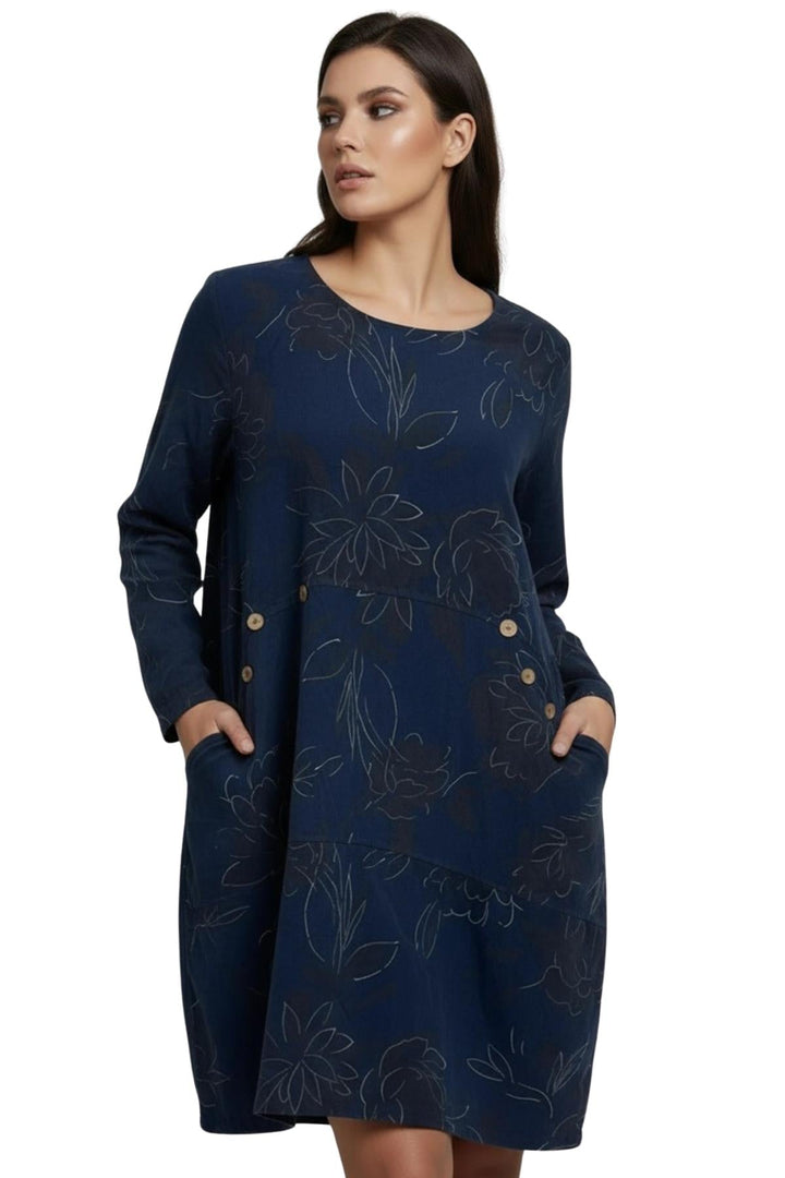 Floral Print Curved Hemline Side Slit Cotton Dress — Dark Grey