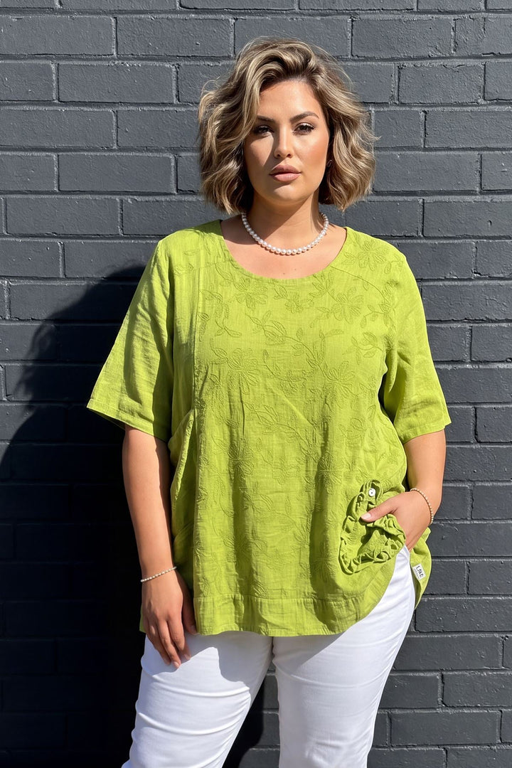 Floral Embroidered Pattern Front Pocket Cotton Top for Women