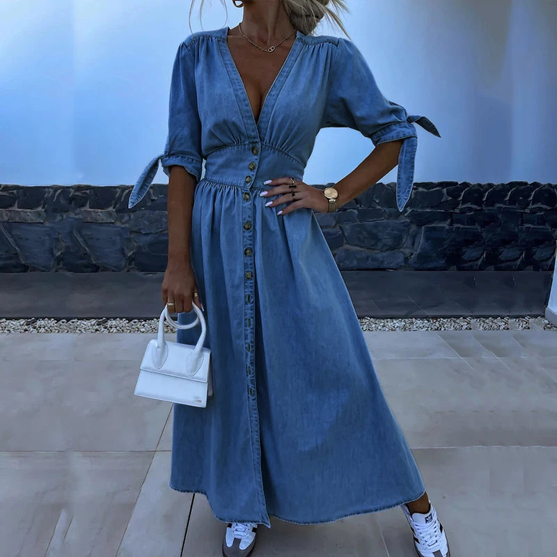 Belted Denim Shirt Dress with Button-Front Detail
