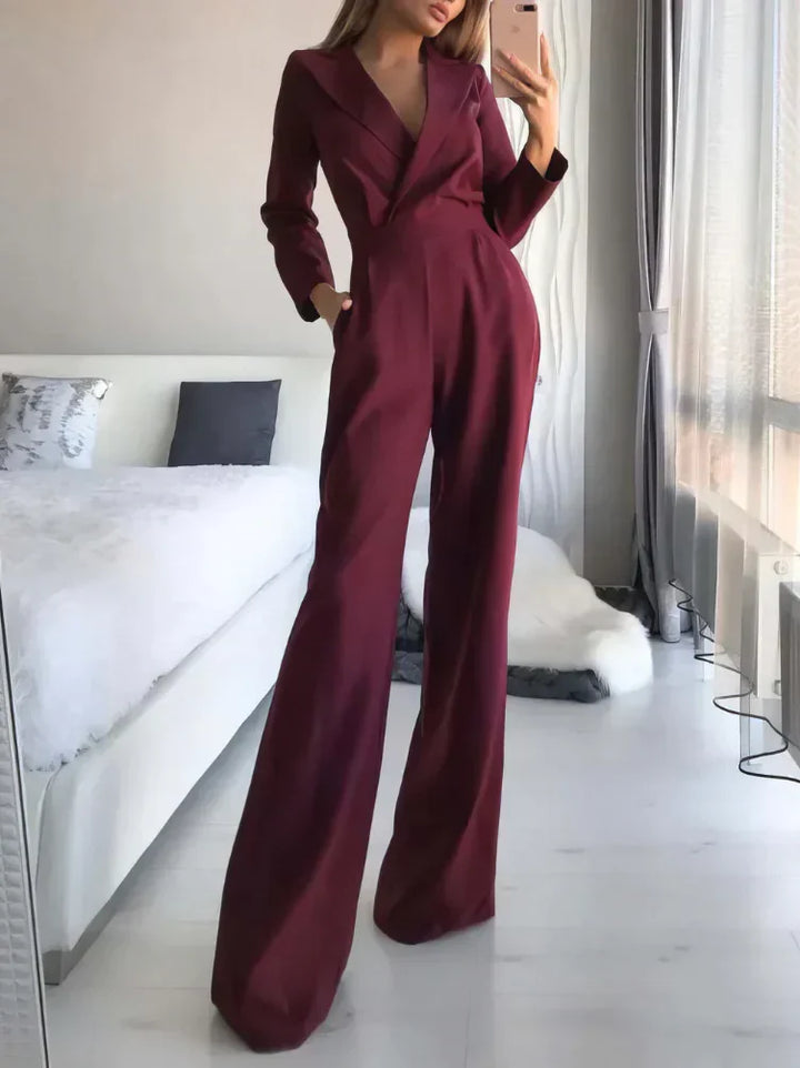 Flared Wide-Leg Jumpsuit with Deep V-Neck for Women
