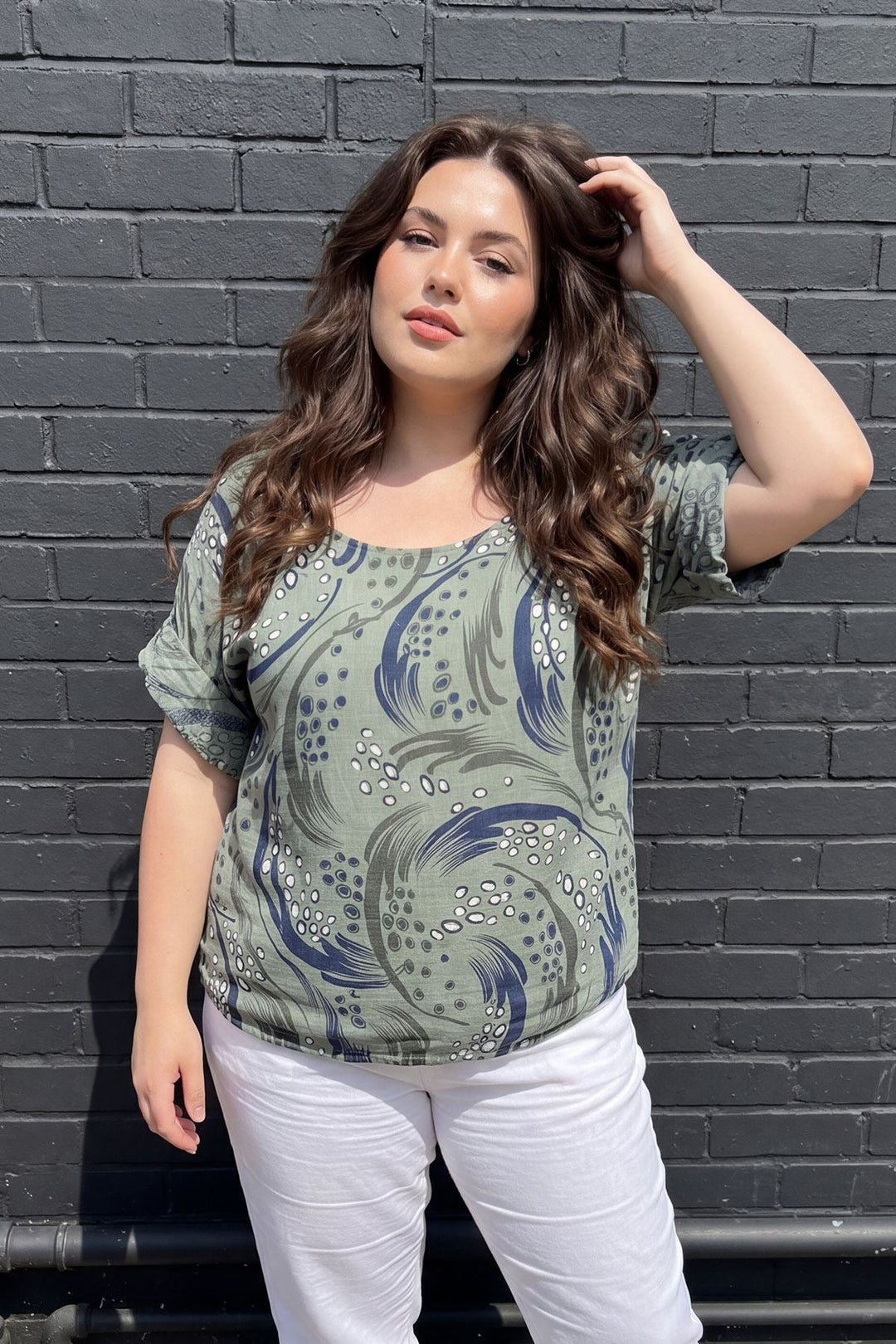 Abstract Print Oversized Tunic Cotton Top for Women - Khaki