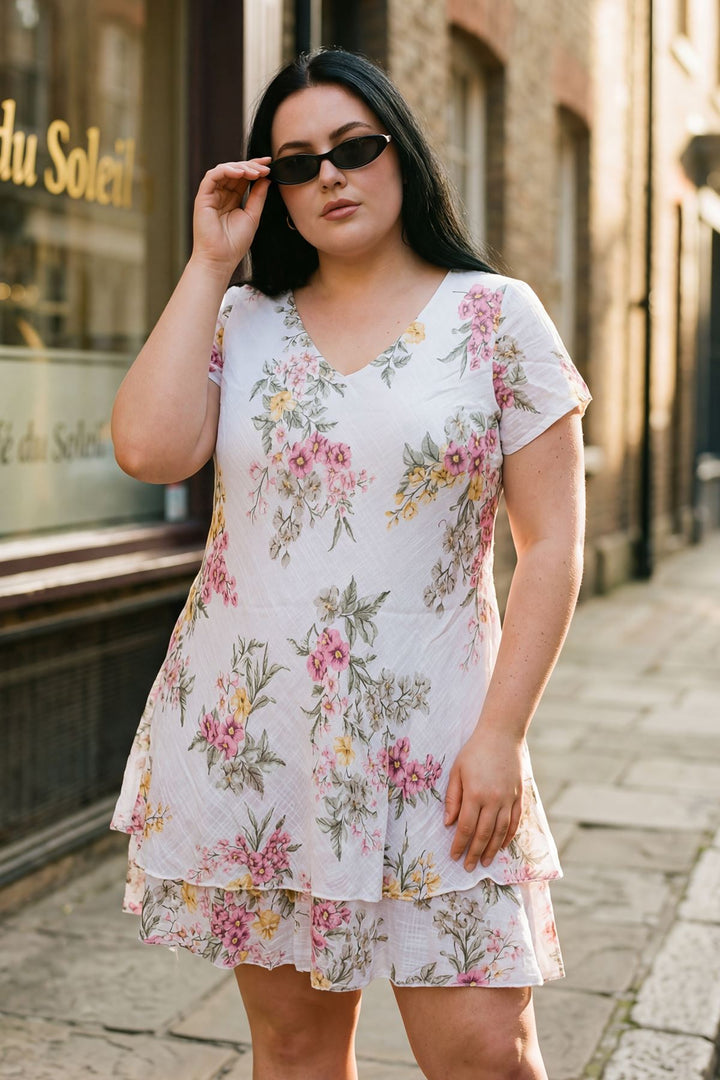 Floral Print Layered Hem Cotton Dress — White