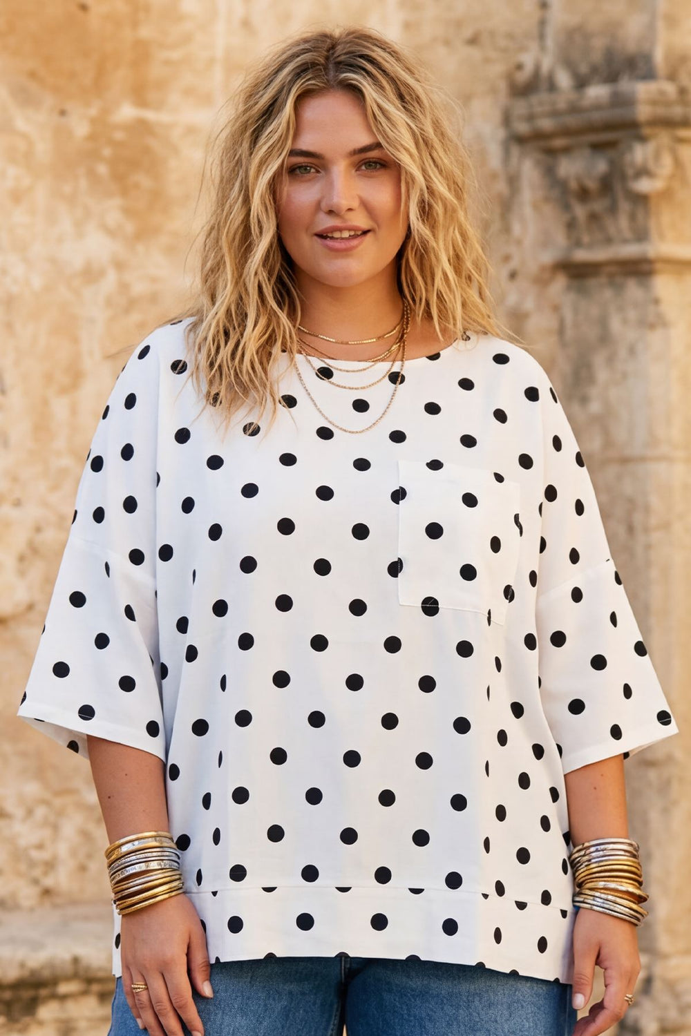 Polka Dot Print Front Pocket Cotton Top — White/Black
