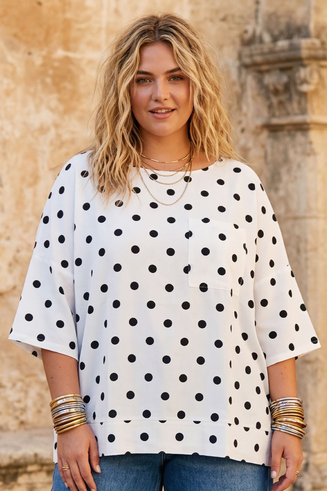 Polka Dot Print Front Pocket Cotton Top — White/Black