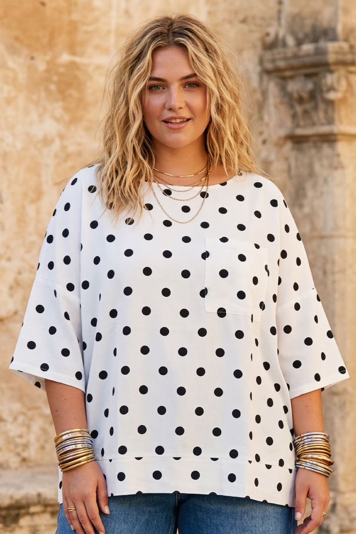Polka Dot Print Front Pocket Cotton Top — White/Black