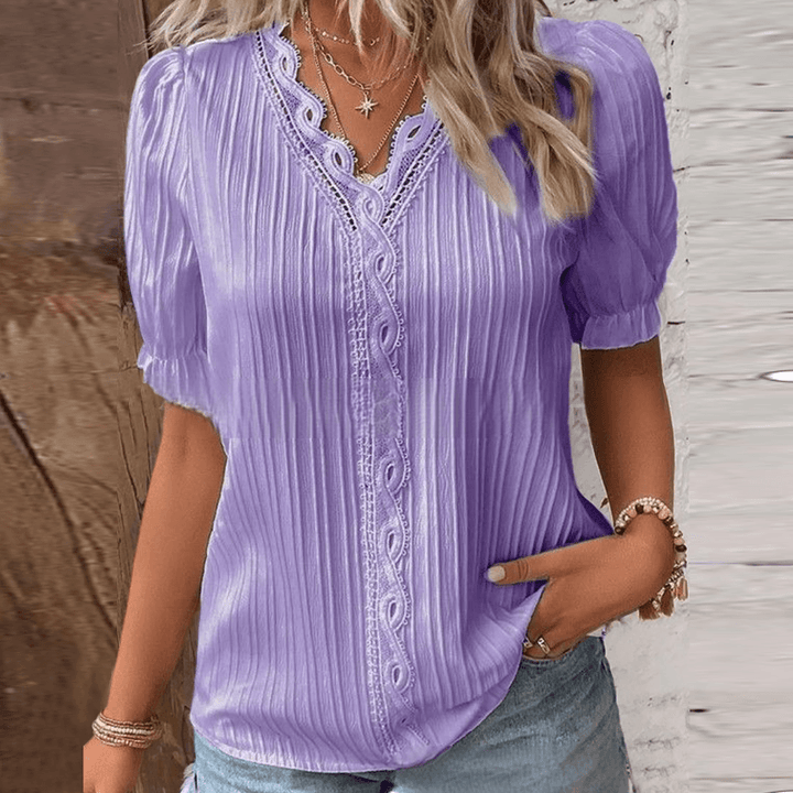 V-Neck Woven Shirt with Lace Collar and Cuff Detail