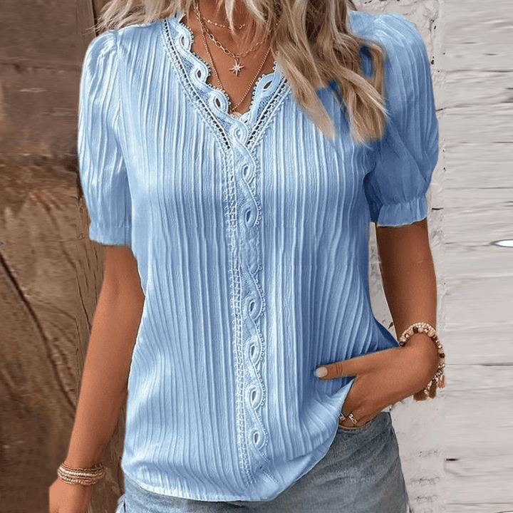 V-Neck Woven Shirt with Lace Collar and Cuff Detail