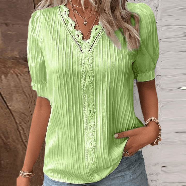 V-Neck Woven Shirt with Lace Collar and Cuff Detail