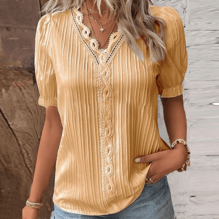 V-Neck Woven Shirt with Lace Collar and Cuff Detail