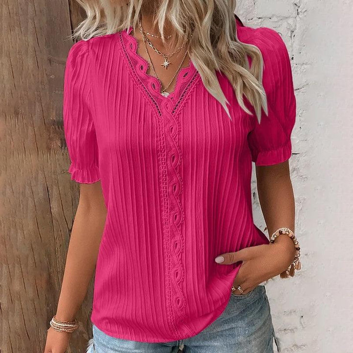 V-Neck Woven Shirt with Lace Collar and Cuff Detail