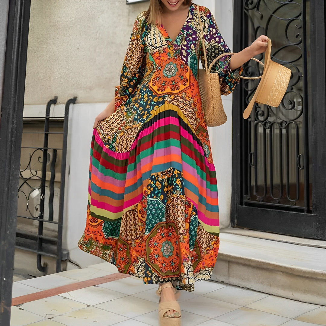 Printed Boho Maxi Dress with Stripe and Geometric Detail