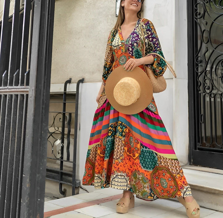 Printed Boho Maxi Dress with Stripe and Geometric Detail