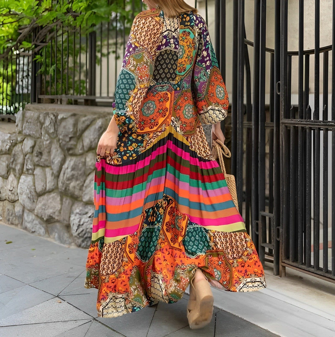 Printed Boho Maxi Dress with Stripe and Geometric Detail