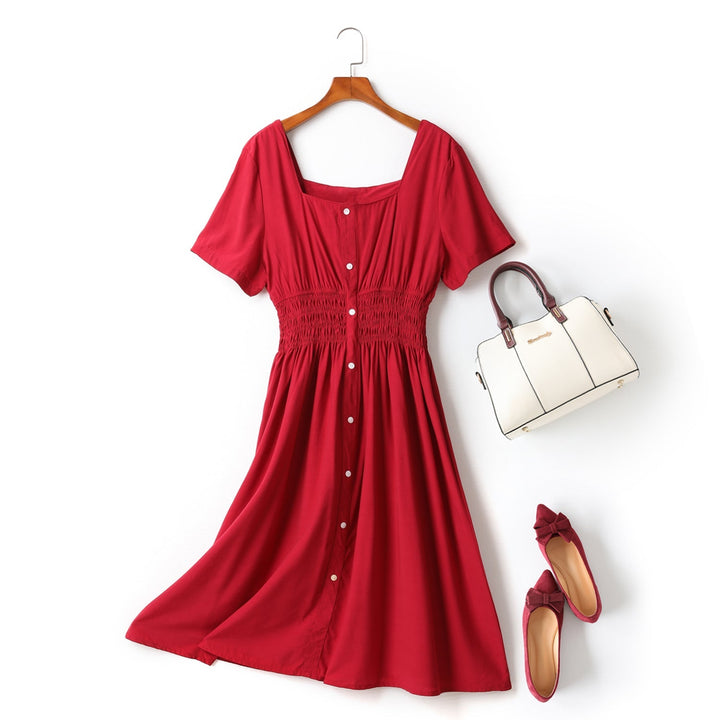 Evonne Plus Size Square Neck Buttons Waist Scrunch Swing Short Sleeve Mi...