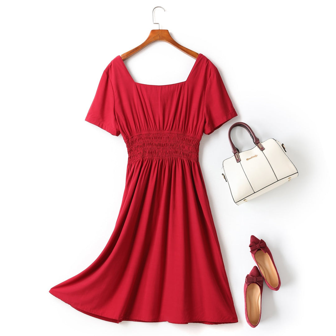 Evonne Plus Size Square Neck Buttons Waist Scrunch Swing Short Sleeve Mi... — gallery