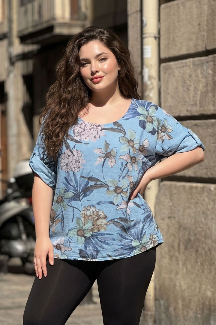 Tropical Floral Print Tunic Cotton Top for Women - Sky Blue