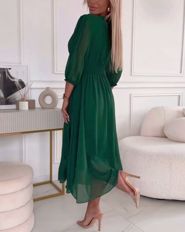 Solid Colour Midi Dress with Heart-Shaped Neckline