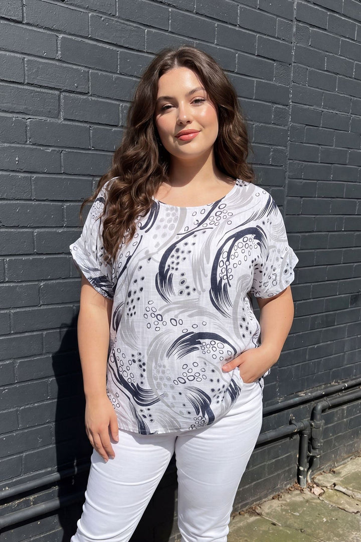 Abstract Print Oversized Tunic Cotton Top for Women - White