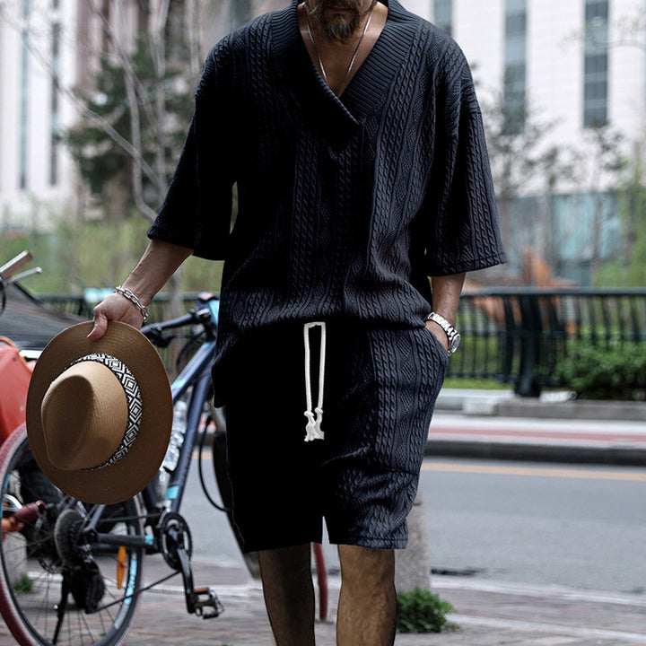 Jacquard V-Neck T-Shirt and Drawstring Shorts Set for Men - Lake Blue