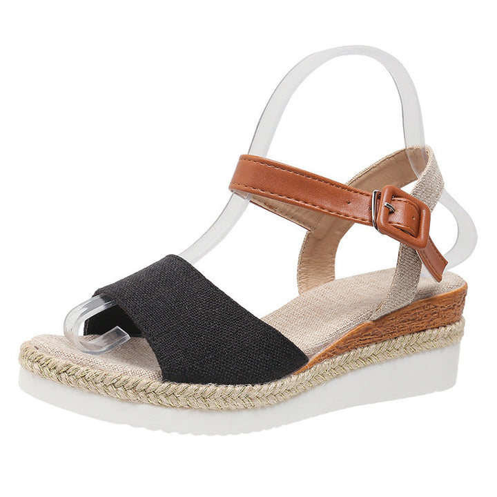 Ankle-Strap Jute-Soled Lightweight Casual Fishmouth Wedge Sandals for Women - Black