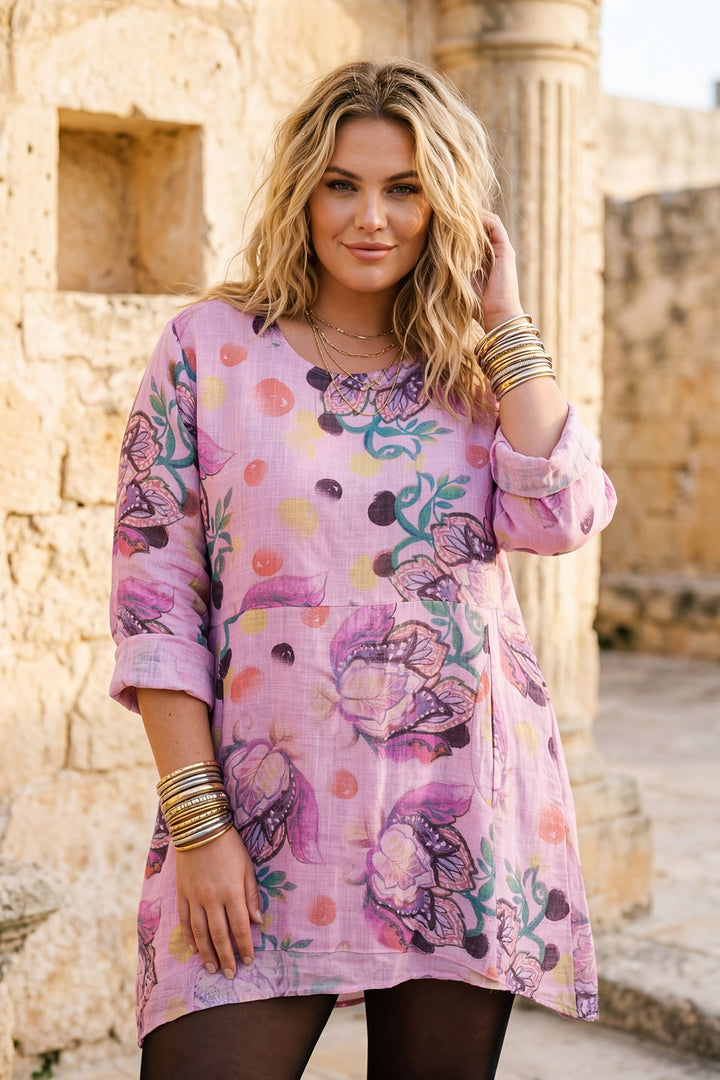 Floral Print Flowy Hem Oversized Cotton Top — Baby Pink
