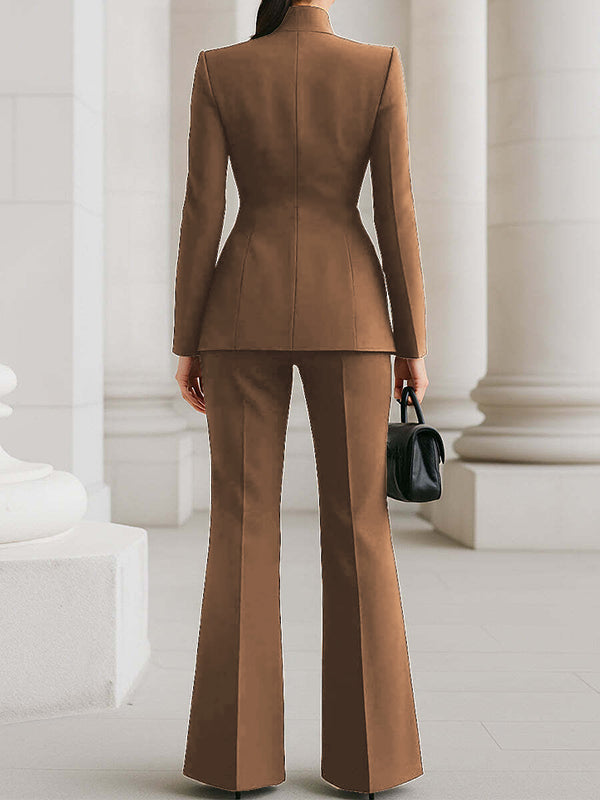 Long Sleeves Buttoned Pockets Solid Color Stand Collar Blazer Outerwear - gallery