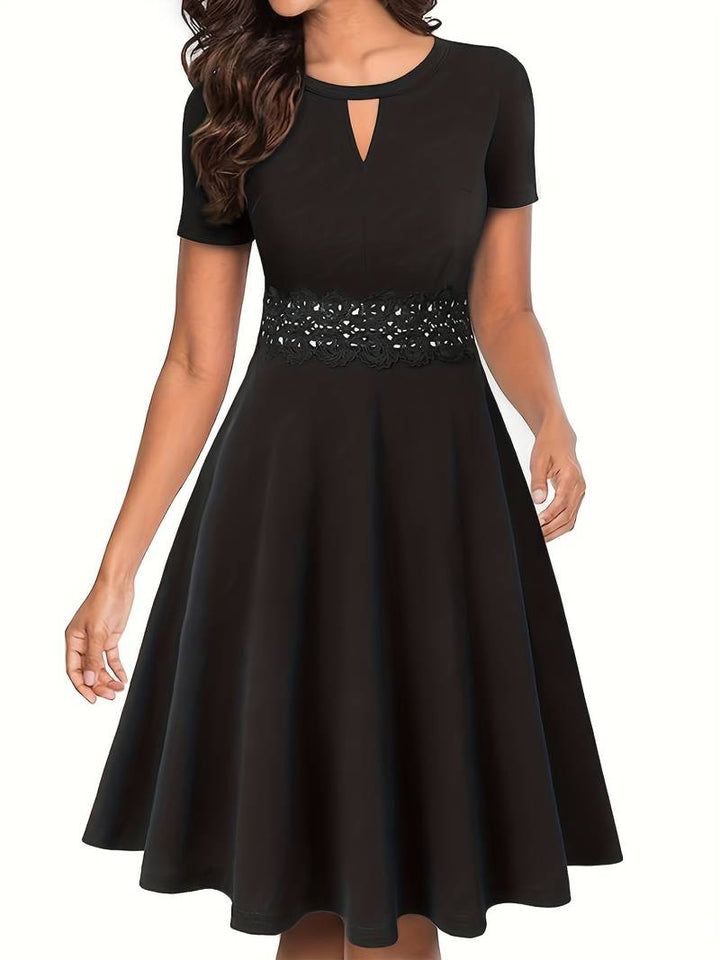 Blue Lace Accent Dress with Tailored Waist