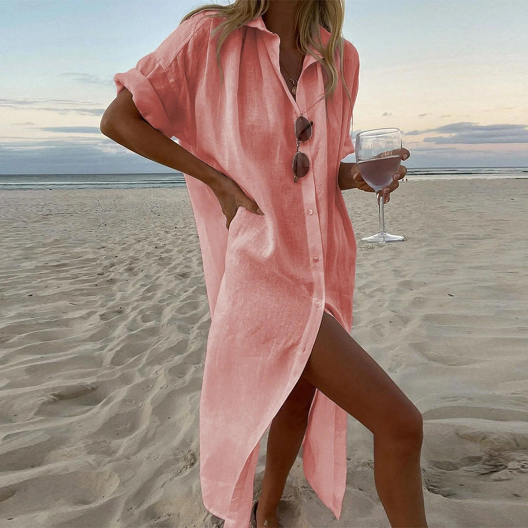 Relaxed Maxi Shirt Dress with Button-Front Placket