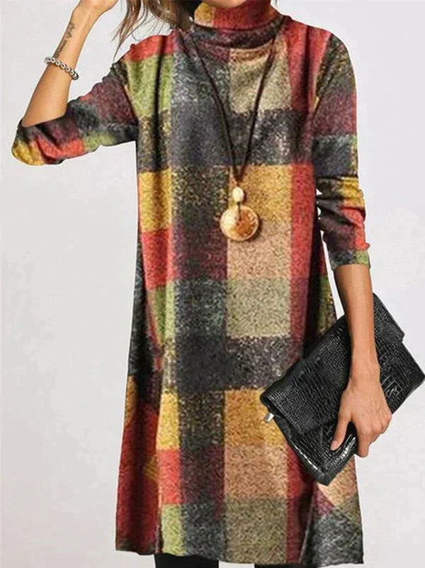 Checkered Turtleneck Dress with Close-Ribbed Collar