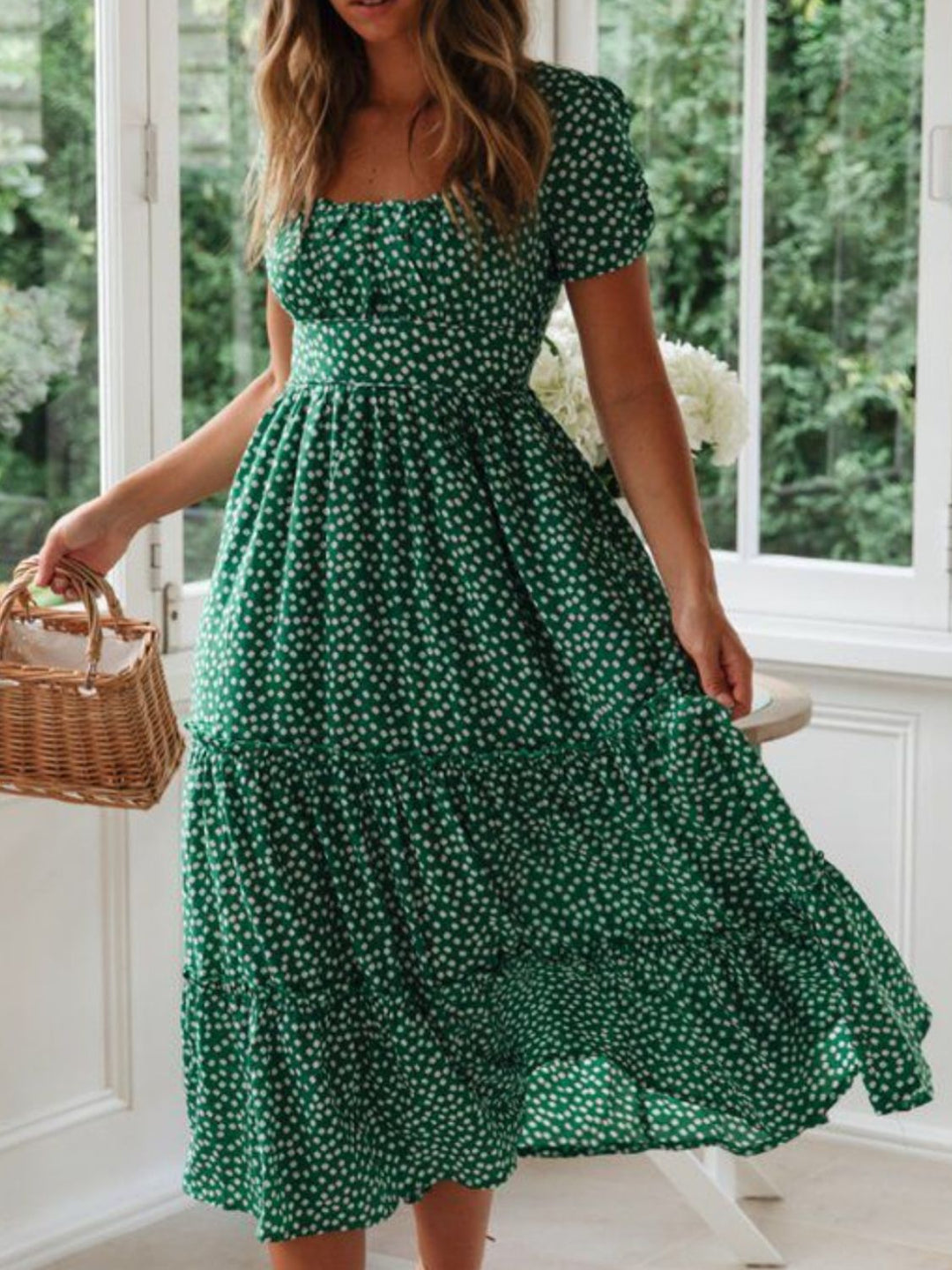 Printed Square Neck Short Sleeve Midi Dress for Women