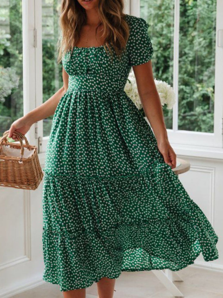 Printed Square Neck Short Sleeve Midi Dress for Women