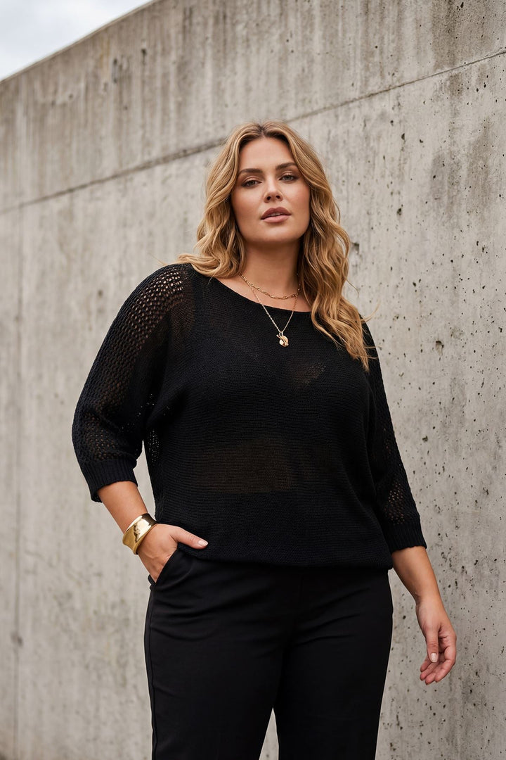 Plain Knitted Batwing Tunic Cotton Top — Black