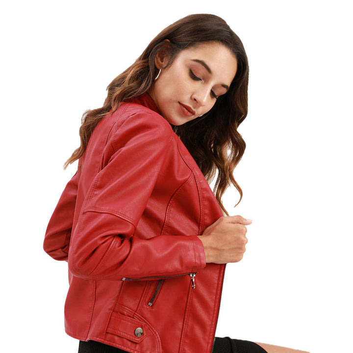 Collarless Biker Jacket in Genuine Leather for Women