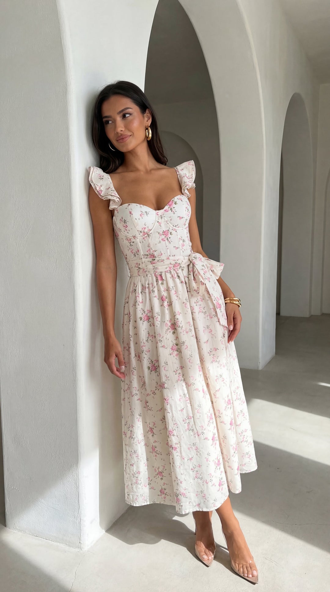 Florienne Floral Corset Flutter Midi Dress - Ivory — gallery