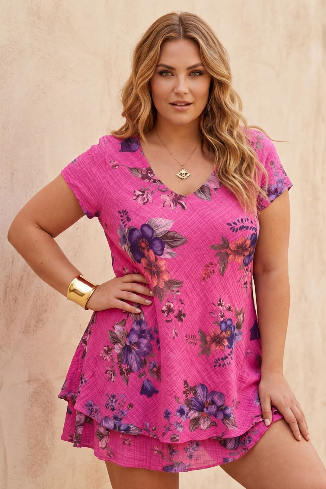 Flower Print Flared Hem Cotton Dress — Fuchsia