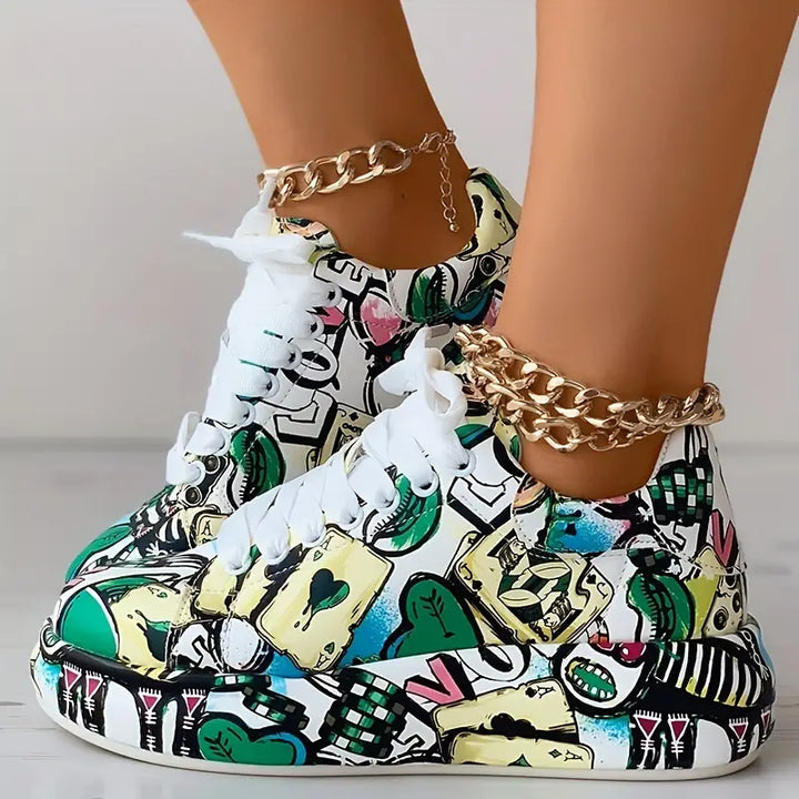 Graffiti-Print Layered Platform Trainers for Women