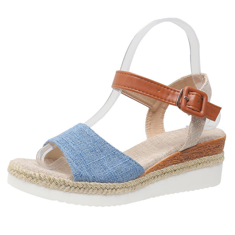 Ankle-Strap Jute-Soled Lightweight Casual Fishmouth Wedge Sandals for Women - Denim Blue
