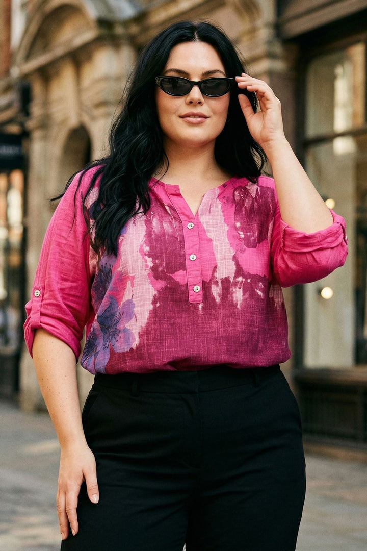 Abstract Floral Button Detail Tunic Cotton Top — Fuchsia